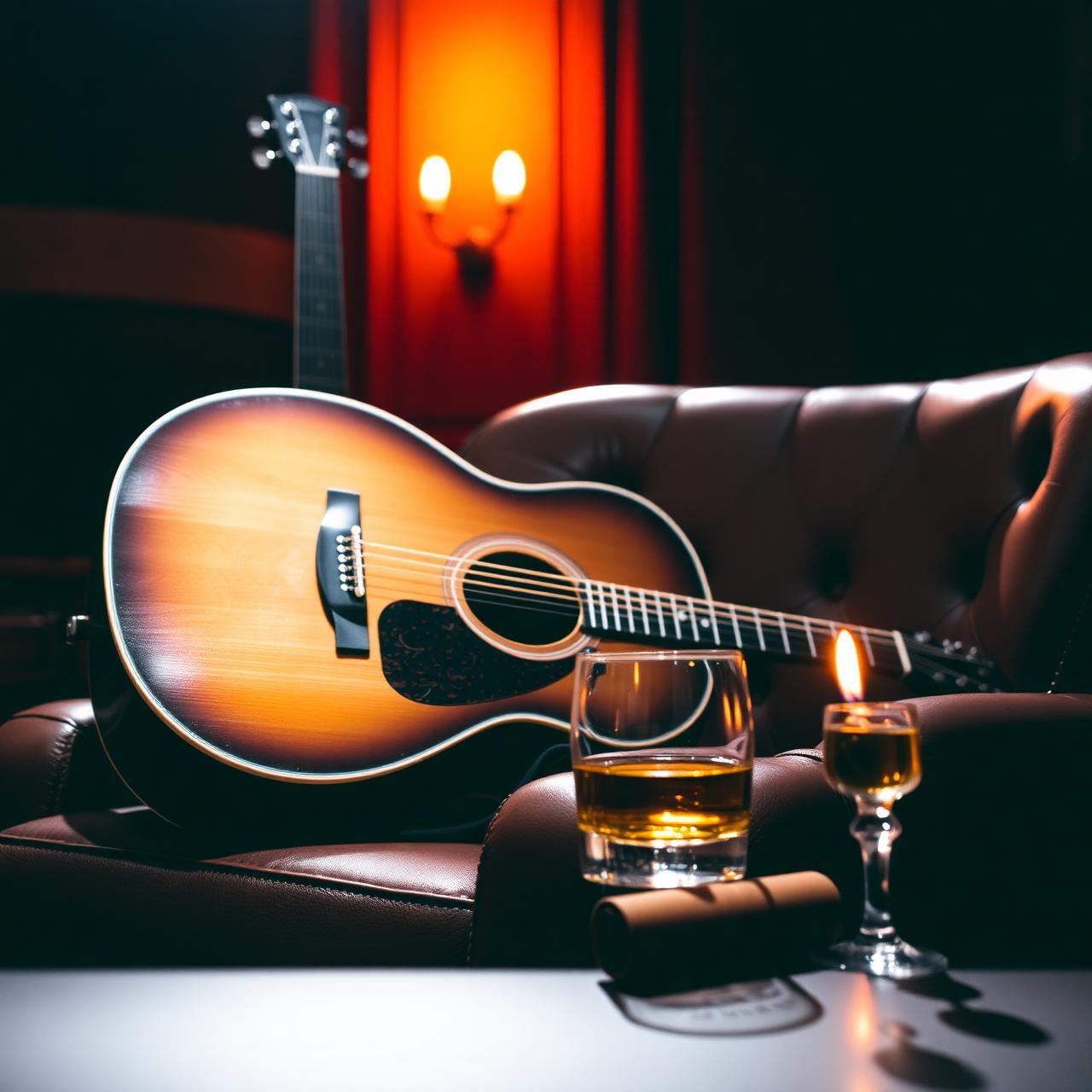 Violão e whisky em ambiente reservado